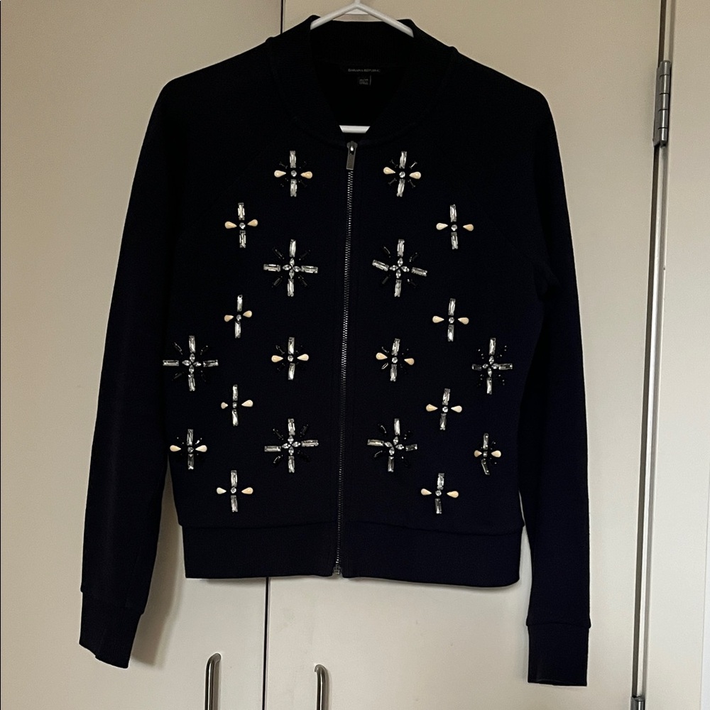 Banana Republic Navy Embellished Bomber Zip Up Crewneck